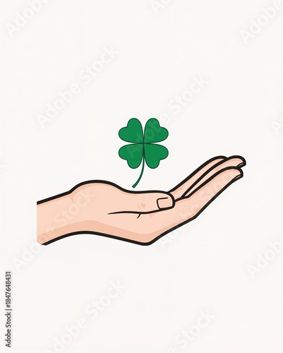 St patricks day hand holding a four leaf clover illustration on white