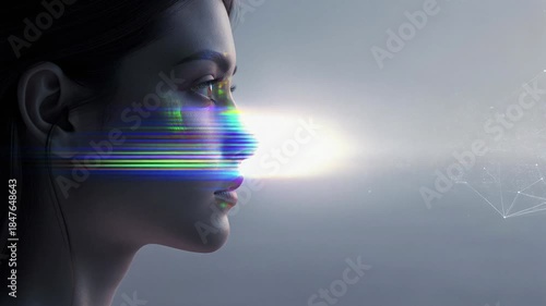 Womans Profile Gazing into Futuristic Digital Network