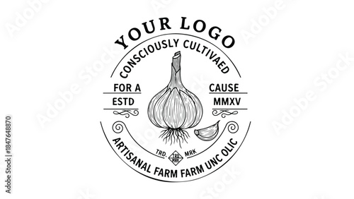Handdrawn garlic logo for artisanal farm with text.