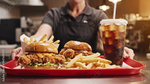 Person holds tray with burgers, fries, and drink. Indoor view of quick-service restaurant area