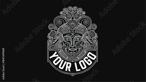 Intricate tribal mask logo design with ornate details.
