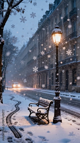Winter street scene with a vintage lamp post casting warm light on a snow-covered bench, as snowflakes gently fall, creating a tranquil ambiance and evoking feelings of nostalgia and peace