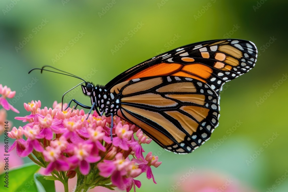 Fototapeta premium A monarch butterfly perched on a pink flower, surrounded by green foliage and a blurred background of trees.
