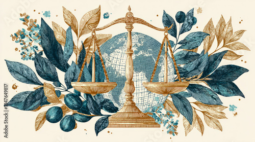 abstract of golden justice scales surrounded by leaves and organic patterns in teal and gold textures