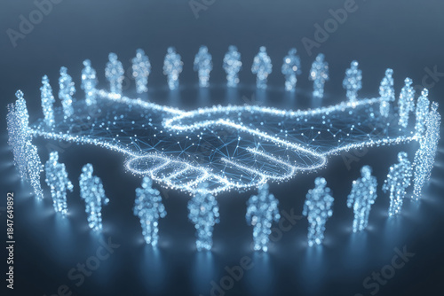 The figures around the handshake symbolize unity, trust, blockchain and digital collaboration.
