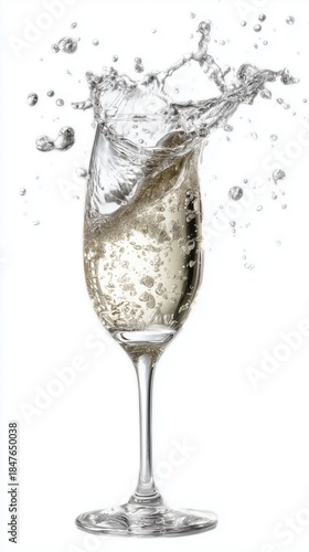 Champagne splash in elegant glass on white background with dynamic motion