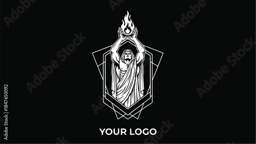 Mystical Figure Holding Flaming Orb in Geometric Frame.