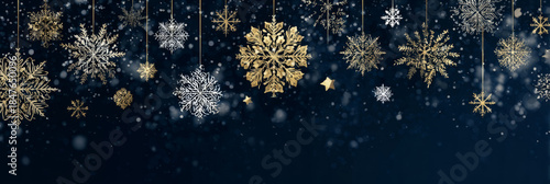 Golden and Silver Snowflakes Hanging on Dark Winter Background