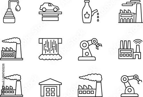Factory Building, Robotic Arm, Oil Barrel, Car Production, and Automated Assembly Symbols.