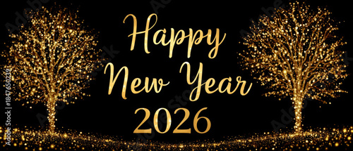 Elegant New Year 2026 greeting with glowing golden text and illuminated trees, decorated with festive lights against a dark background.