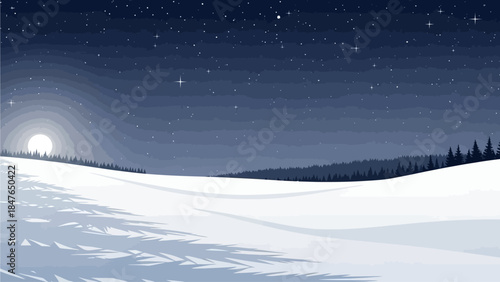 Silent snowy Christmas landscape under starry night sky