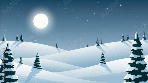 Peaceful Christmas winter night landscape with snow hills pine trees and moonlight