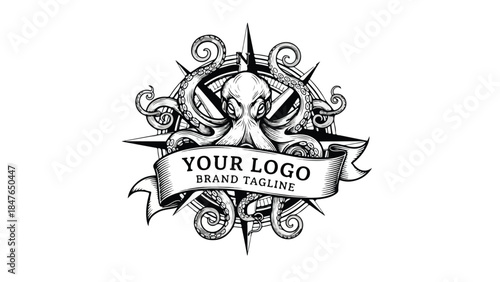 Octopus Compass Logo Design with Banner for Brand Tagline.