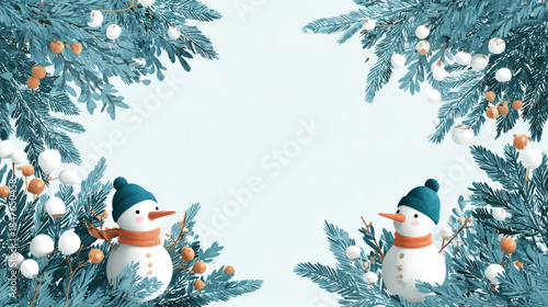 Cute snowman heads in blue winter scene