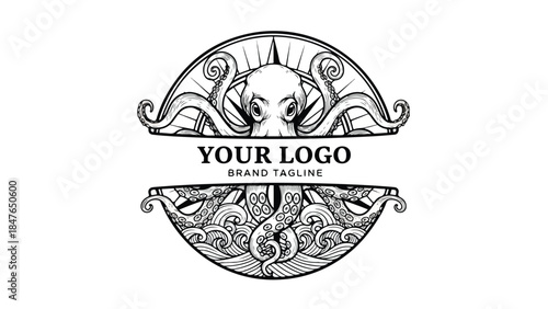 Octopus Logo Design with Compass and Ocean Waves.