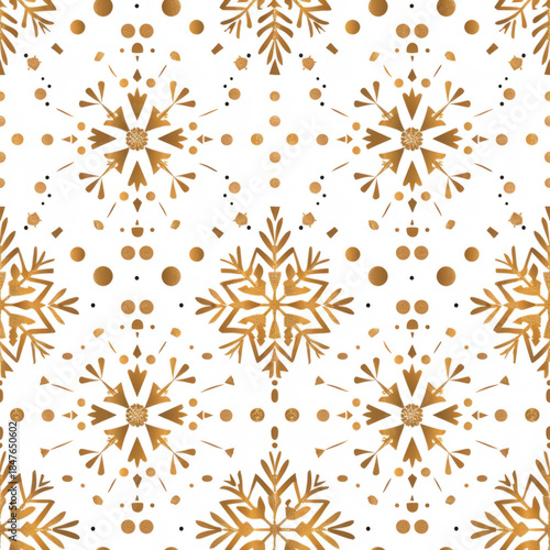 Golden Snowflake Seamless Pattern on White Background