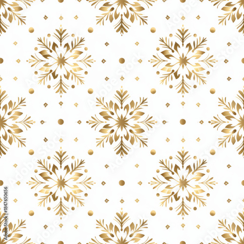 Golden Snowflake Seamless Pattern on White Background