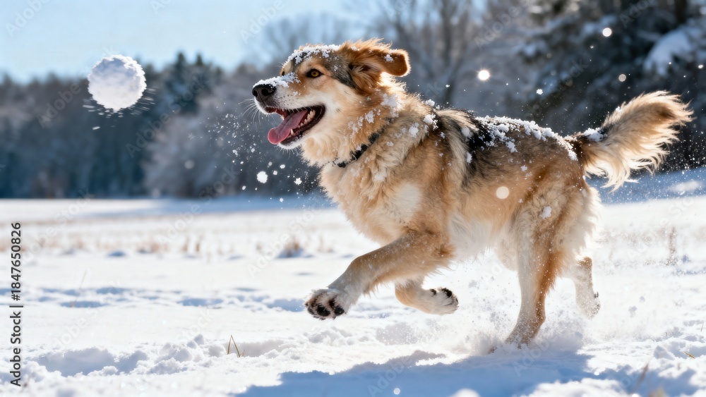 Fototapeta premium Playful dog running joyfully through snow-covered field, chasing a snowball, with trees in the background, capturing the essence of winter fun and the bond between pets and nature