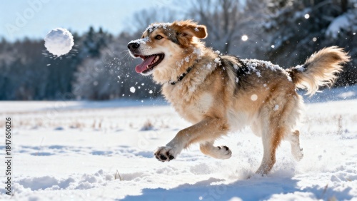 Playful dog running joyfully through snow-covered field, chasing a snowball, with trees in the background, capturing the essence of winter fun and the bond between pets and nature