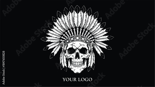 Skull wearing a Native American chief headdress with feathers 1.