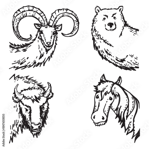 A set of mountain goats, bears, bison, horses