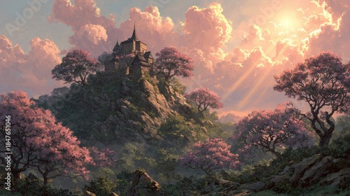 Fantasy Castle on Hill with Dramatic Clouds