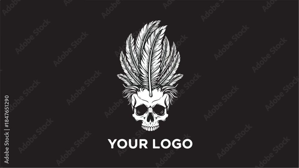 Fototapeta premium Skull with Feathers Logo Design.