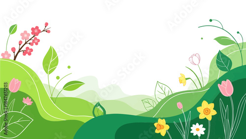 Blossoming Landscape: A vibrant spring illustration showcases rolling green hills adorned with delicate flowers, creating a fresh and serene vista.