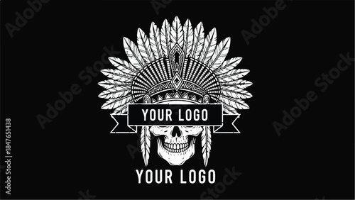 Skull with Native American Headdress Logo Design.
