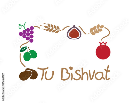 Colorful Tu Bishvat frame with text and seven species
