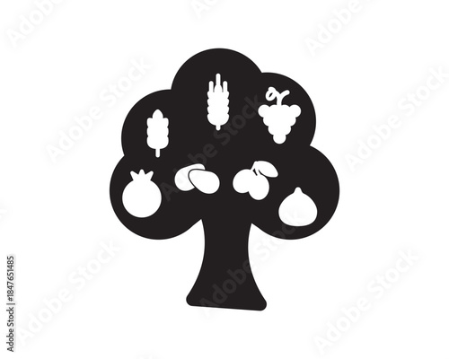 Tu Bishvat - White Seven Species on black tree silhouette