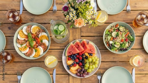 Vibrant picnic table set with an array of fresh salads, fruits, and refreshing beverages, surrounded by colorful flowers, creating an inviting outdoor dining experience perfect for summer gatherings