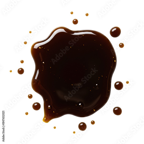 highly viscous, dark mahogany molasses puddle and small splatters isolated on a stark white background, top-down macro view emphasizing glossy texture, clean commercial food concept