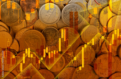 Gold Prices soaring upward concept background with gold coins and candle bar