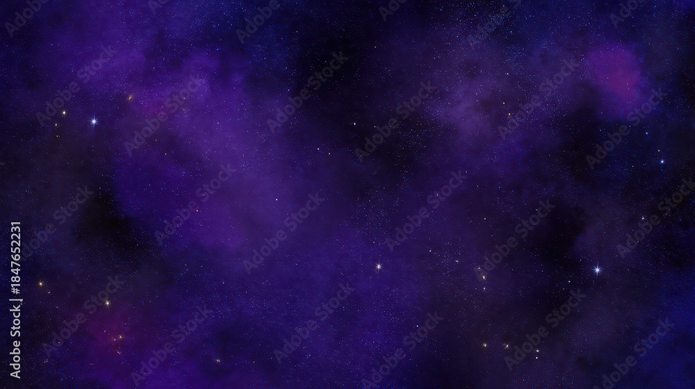 Naklejka premium Deep purple space background with glowing stars and cosmic clouds creating mysterious and vast universe scene full of wonder and beauty