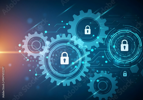 Cinematic cybersecurity abstract. Translucent mechanical gears and shapes over a dark background, glowing network nodes and connectors. Concept of data protection, encryption. Digital illustration