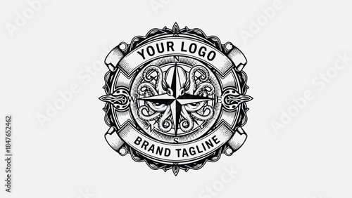 Vintage Compass Logo with Octopus Tentacles and Banner for Brand Tagline.