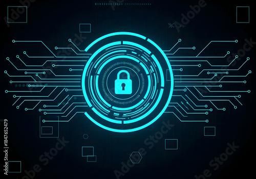 Glowing digital padlock with circuit lines symbolizing cybersecurity, data protection, encryption, and secure network technology. Concept of IT Security and password protection. Digital illustration