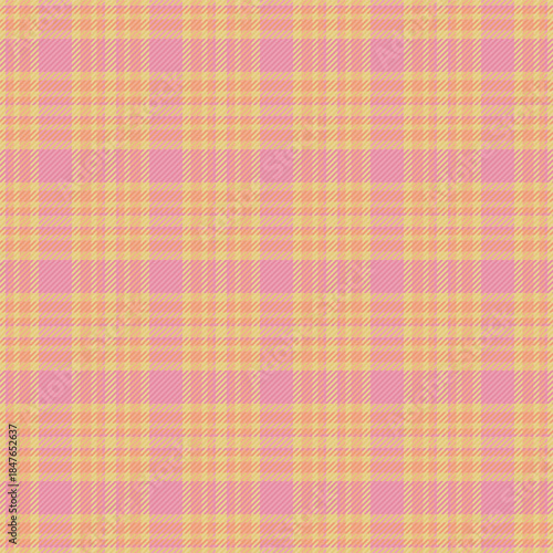 Preppy textile texture fabric, classical check pattern tartan. Christmas card plaid seamless vector background in amber and red colors.