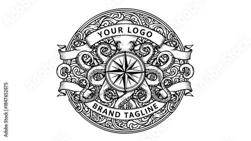 Vintage Nautical Compass Logo with Octopus Tentacles and Ornate Details.