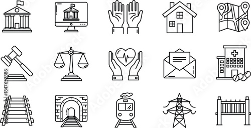Government, Health, Legal, and Infrastructure Line Icons Set, Graphic Symbols Representing Justice, Real Estate, Court, Hospital, Railroad, and Power Transmission Tower Vector