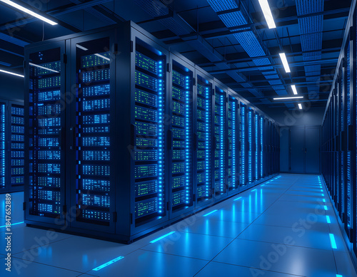 Futuristic data center corridor with glowing server racks, mirrored floor reflections, and blue neon lighting powering secure cloud computing. Digital illustration