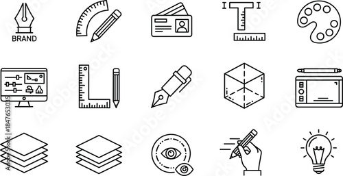 vGraphic Design, Art and Creative Tools Line Icons, Drawing Tablet, Pencil, Ruler, Layers, Branding, Ruler, Palette, Pen, Outline Vector Set, Simple Sketch.