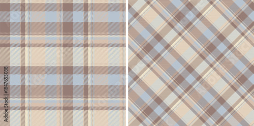 Classic tartan pattern showcasing two different arrangements. Soft blues, browns,  creams create a comforting, timeless feel. Ideal for fashion, interiors,  graphic design projects.
