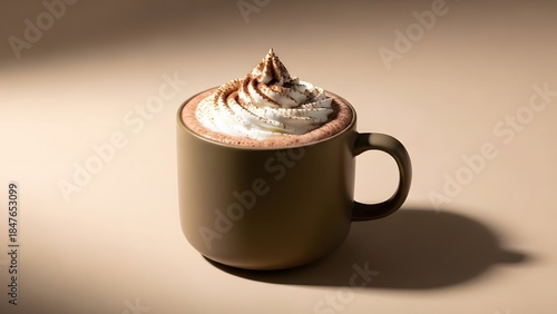 A brown mug filled with whipped cream on a beige surface with shadows
