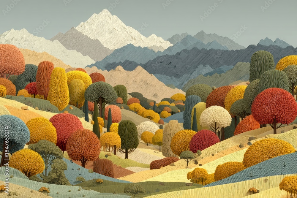 Fototapeta premium Vivid autumn landscape with colorful trees and distant mountains in a whimsical vector style