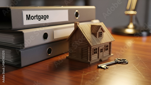 Mortgage document files with wooden house model and key on desk for property loan application concept