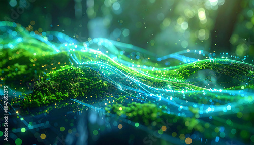 Nature's Digital Symphony: A mesmerizing digital artwork unveils a vibrant landscape of lush green foliage and shimmering energy, merging the beauty of nature with the wonder of technology.