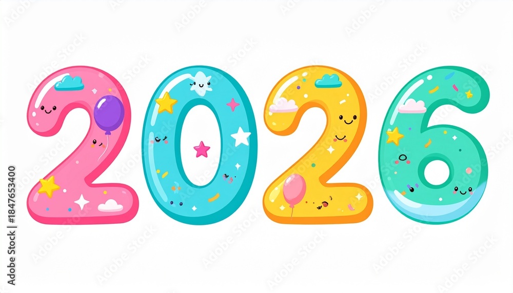Fototapeta premium The numbers “2 0 2 6” designed in a bright, playful kids theme with rounded, bubbly shapes and cheerful pastel colors. Each number looks soft and friendly, decorated with fun elements.