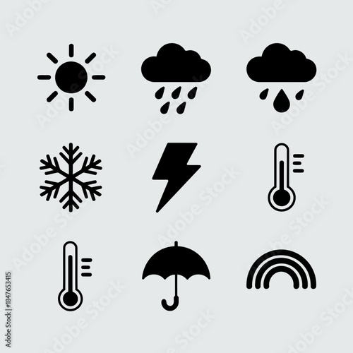 Set of nine weather icons including sun, rain, cloud, snow, lightning, thermometer, umbrella, and rainbow